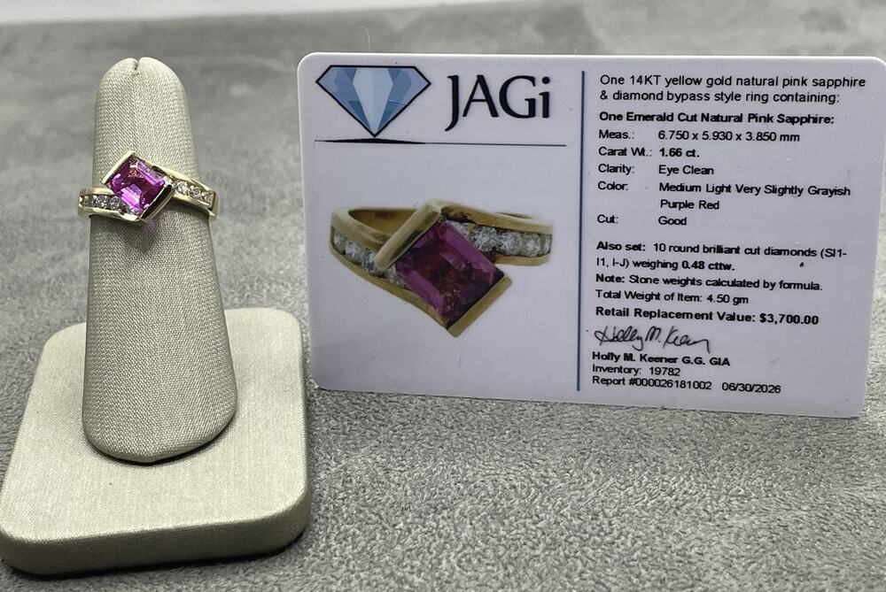 14K Yellow Gold Natural Pink Sapphire & Diamond Bypass Ring (19782)